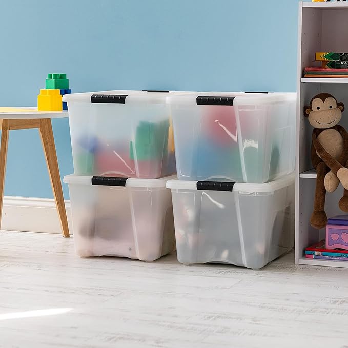 IRIS USA 40 Qt Stackable Plastic Storage Bins with Lids, 4 Pack - BPA-Free, Made in USA - Discreet Organizing Solution, Latches, Durable Nestable Containers, Secure Pull Handle - Pearl - Image 2