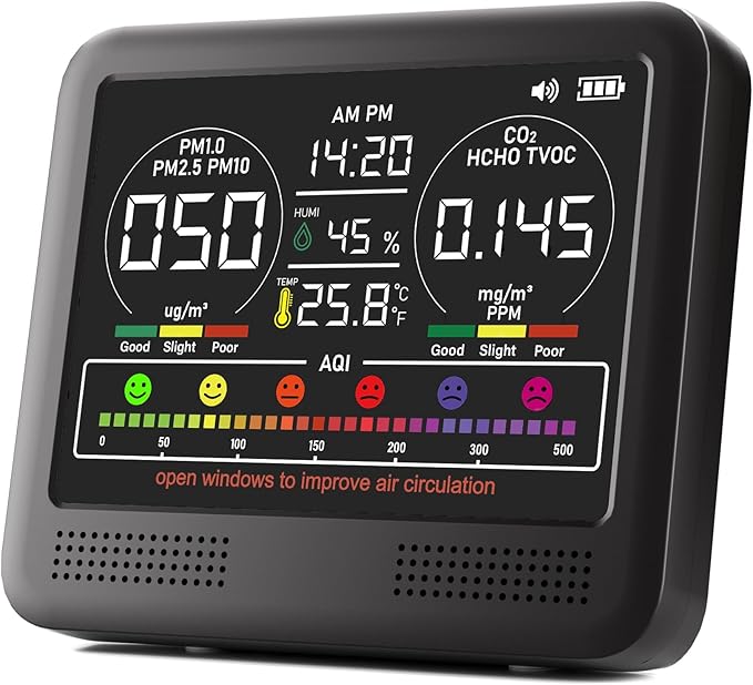 16-in-1 Indoor Air Quality Monitor with PM1.0,PM2.5,PM10,CO2,HCHO,TVOC,Temperature,Humidity,Time Display &7 AQI Alarms – Professional Air Quality Tester for Home, Office & Indoor Use (Shinning Black) by Unknown