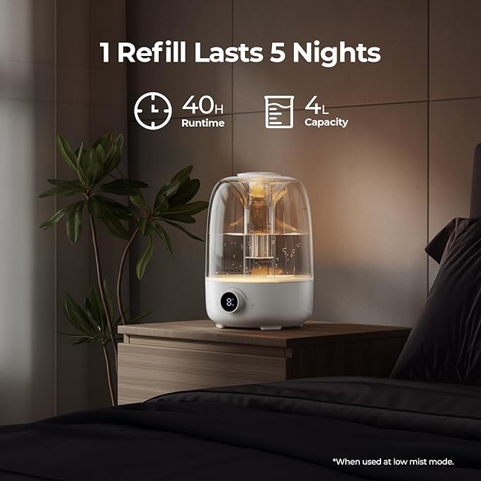 Homvana Humidifiers for Bedroom Diffusers - Top Fill 4L Cool Mist Humidifier Large Room, 40H Runtime Diffusers for Home, Air Humidifier for Plants, Baby Nursery, Easy to Clean, Essential Oil Diffusers - Image 3