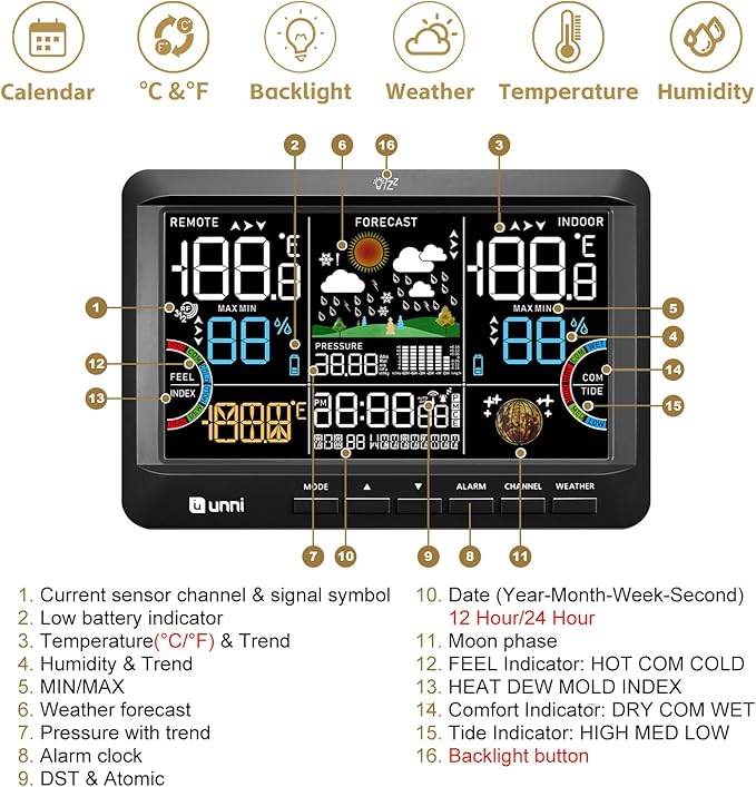Weather Station Indoor Outdoor Thermometer Wireless, Home Atomic Clock with Large Constant Display, Inside Outside Temperature Humidity Monitor, Dew Heat Point, Barometer Black - Image 5