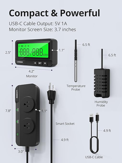 LUXBIRD WiFi Temperature & Humidity Controller LTC-318-W, Smart Thermostat Humidistat Outlet with Split Monitor, Dual-Zone Temperature Humidity, App Control for Grow Tent Greenhouse Reptile Terrarium - Image 2