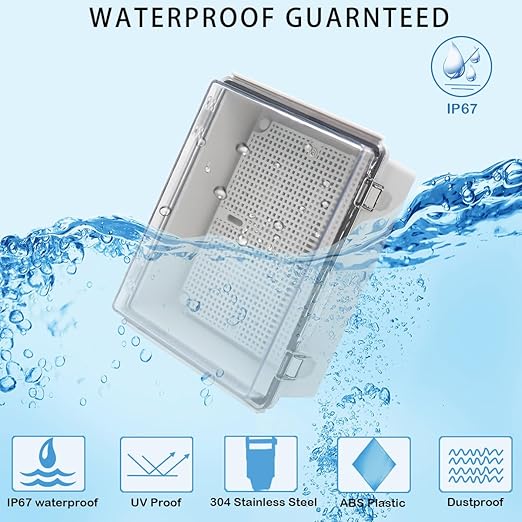 Zulkit Junction Box IP67 Waterproof Electrical Box Hinged Clear Cover Stainless Steel Latch Plastic Enclosure for Project w Mounting Plate Wall Bracket and 2 Cable Gland 8.7"x6.7"x4.3"/220x170x110mm - Image 2