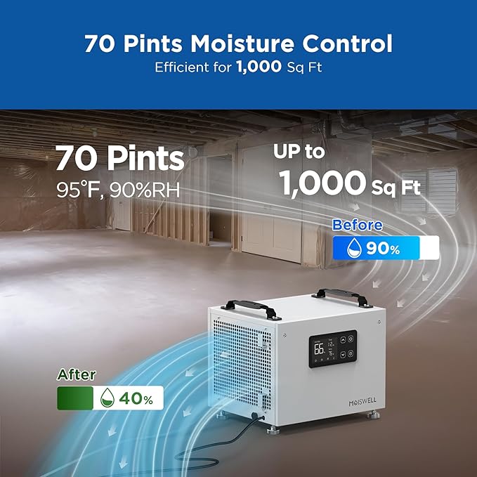 70 Pints Commercial Dehumidifier with Pump Portable Crawl Space Dehumidifier for Basement Energy Star Efficient Certified Compact Dehumidifiers for Home, Auto Defrost, Timer - Image 3