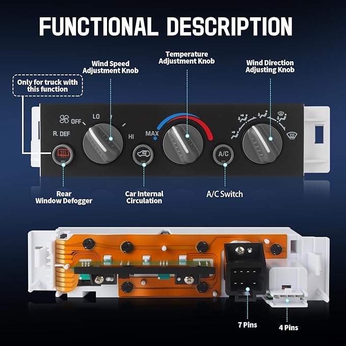 A/C Heater Control Panel with Rear Window Defogger for 1996-2000 Chevy GMC C1500 C2500 C3500 K1500 K2500 K3500 Tahoe Yukon, Cadillac Escalade, Climate Control Module Replace 599-006 - Image 3