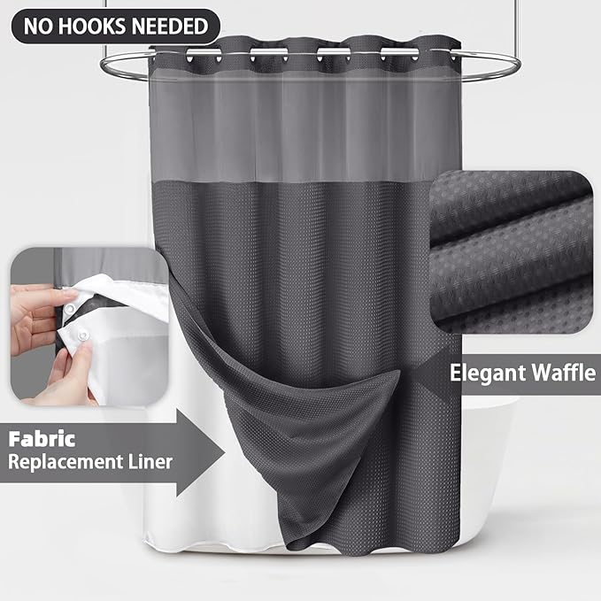 No Hook Shower Curtain and Liner Set,Dark Grey Hotel Waffle Shower Curtain with Liner 75" L x 72" W - Image 3