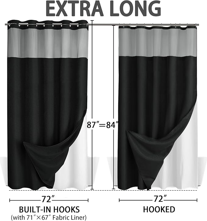 No Hook Shower Curtain and Liner Set,Black Hotel Waffle Shower Curtain with Liner 87" L x 72" W - Image 6