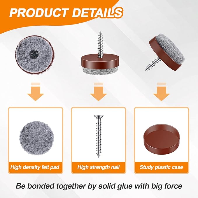 60 Pcs Brown Screw on Furniture Felt Pads Kit, 0.8 Inch Non Slip Furniture Pads, Nail in Hardwood Floor Protector for Wooden Leg Feet of Chair Table Sofa, Cutting Boards - Image 3