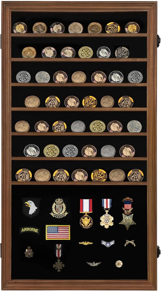 Jinchuan Military Challenge Coin Display Case Lockable Cabinet Rack Shadow Box with Removable 2 Grooves Shelves and Anti Fade Acrylic Glass for Casino Poker Chips Collectibles, Extra Large - Walnut - Image 8