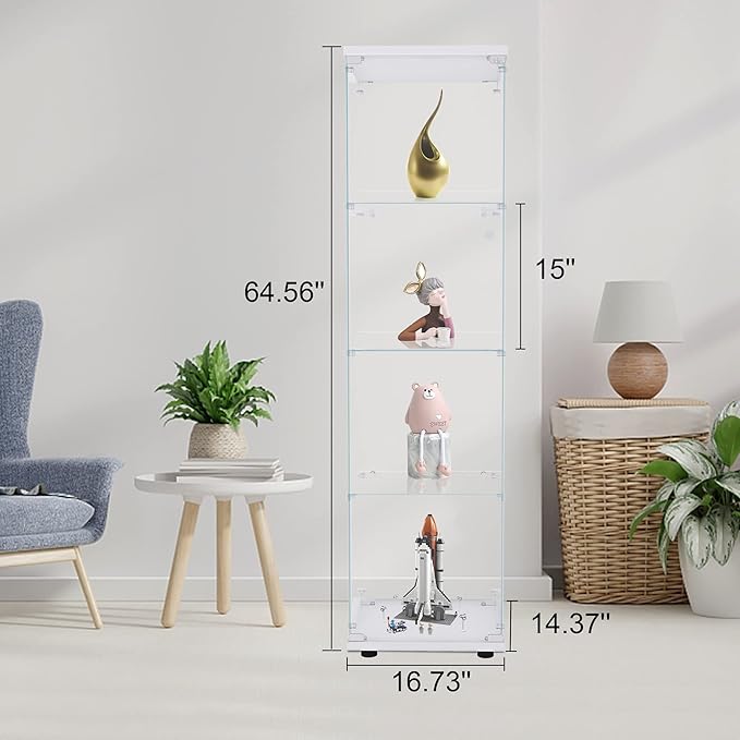 Yoluckea 4 Shelves Glass Display Cabinet with Door, Curio Collection Display Case for Home Office, Floor Standing Bookshelf Corner Cabinet Upgrade Assembly (White) - Image 2