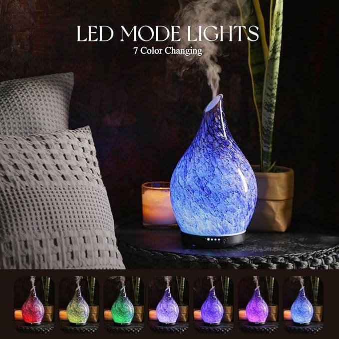 Porseme 280ml Essential Oil Diffuser Glass Color Changing Aroma Air Diffusers Aromatherapy Ultrasonic Cool Mist Humidifier 7 Running Hours Waterless Auto-Off for Sleeping, Yoga, Office (Deep Blue) - Image 2