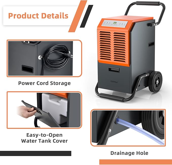 COSTWAY 163 Pints Commercial Dehumidifier, 4500 Sq.Ft Crawl Space Dehumidifier with Drain Hose, 24H Timer, for Basement, Warehouse, Job Site (Orange) - Image 6