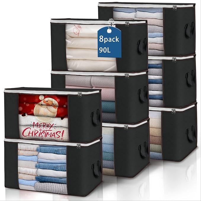 Large Storage Bags, 8 Pack Clothes Storage Bins Foldable Closet Organizers Storage Containers with Durable Handles Thick Fabric for Blanket Comforter Clothing Bedding 90 L (Black) by BuddingJoy-BuildaJoyfulLifeforYou