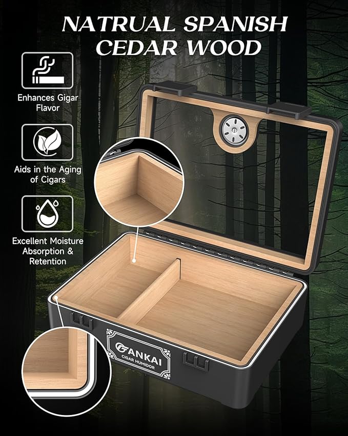 Cigar Humidor, Full Glass Top Cigar Box with Humidifier and Hygrometer, Drop-proof Crushproof Cigar Case, Cedar Wood Lining Storage Box with Divider for 20-25 Cigars (Black) - Image 6
