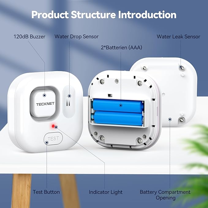 TECKNET Water Leak Detectors for Home, 120dB Water Sensor Alarm Leak Detector, IP66 Waterproof, Water Leak Detectors for Bathroom, Sink, Laundry, Window, Basements, Kitchens(5 Pack, Battery Included) - Image 5