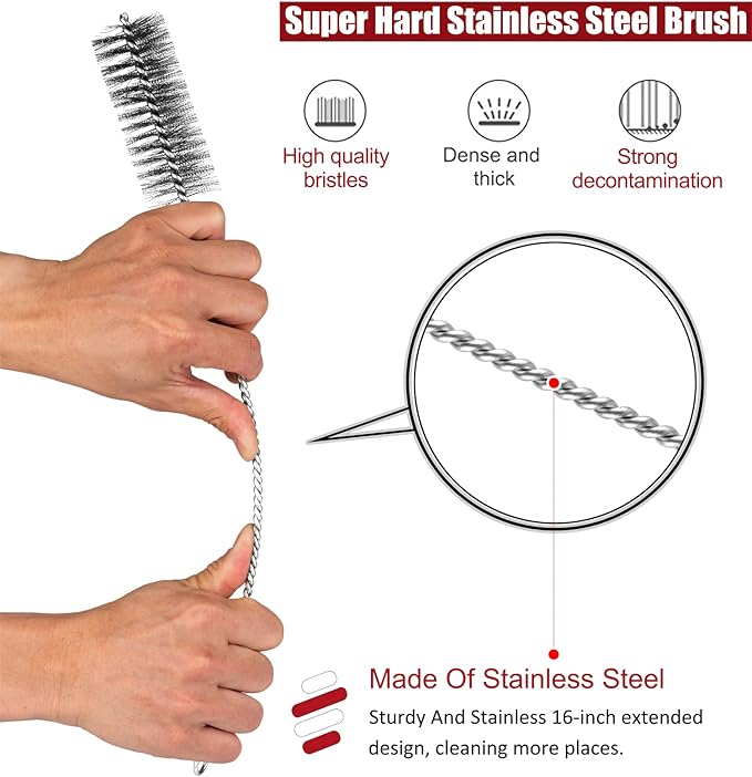 16 Inch Extra Long Pipe Cleaning Brush Set Stainless Steel Bristles, Stainless Steel Pipe Brush Steel Bottle Brush 8 Piece Variety Pack for Auto Parts, Bottles,Tubes, Etc. - Image 3