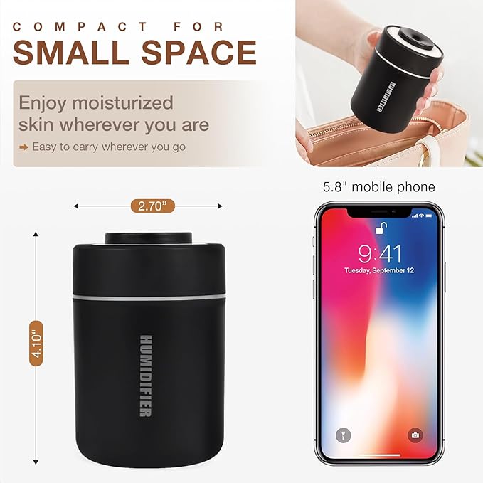 Portable Mini Humidifier, 180ml USB Cool Mist Small Humidifiers for Bedroom, Personal Desktop Humidification for Car Office Travel & Indoor Plants(Black) - Image 3