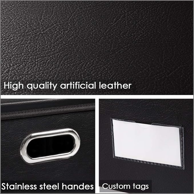 PRANDOM Large Collapsible Storage Bin with Lid [1-Pack] Leather Fabric Foldable Storage Box Organizer Containes Basket Cube with Cover for Home Bedroom Closet Office Nursery Black (17.7x11.8x11.8) - Image 4