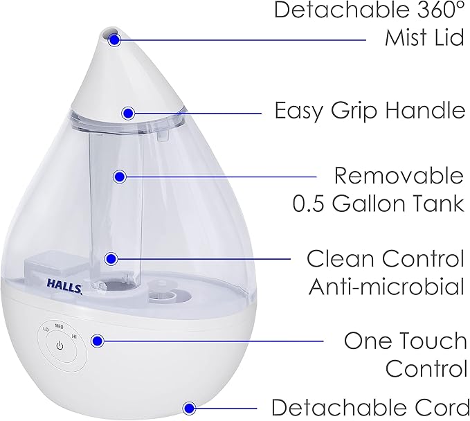 Crane x HALLS Droplet Ultrasonic Small Air Humidifiers for Bedroom and Office, 0.5 Gallon Cool Mist Humidifier for Plants and Home, Humidifier Filters Optional - Image 2