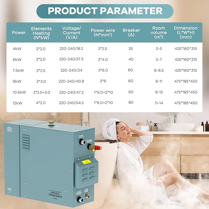 12KW Commercial Self-Draining Steam Generator Shower System Home Steam Bath Spa Generator 30 min to 12 Hours Auto Drain 95-131℉ for Suitable Space Heating 13 m³/460ft³（12KW） - Image 5