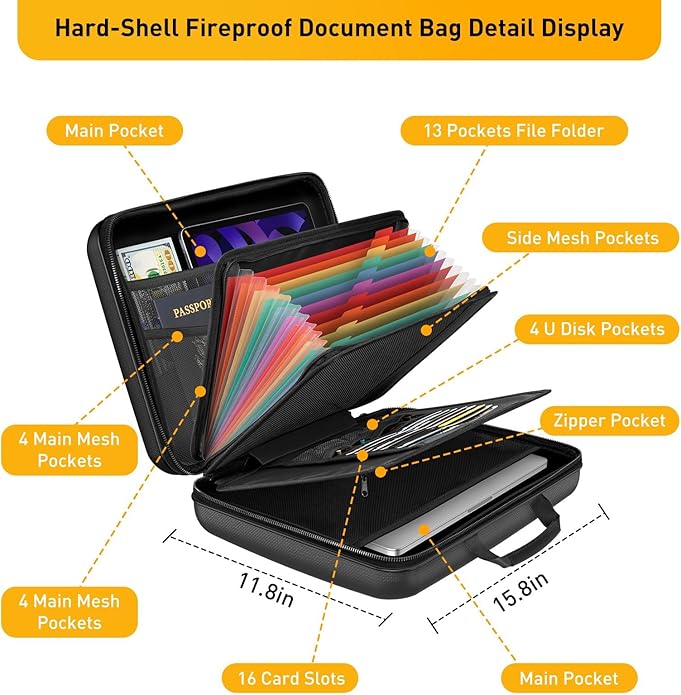 Fireproof Document Organizer Bag, 5200℉ File Organizer Safe Box, Hard Shell Document Bag with 13 Pocket Accordion File Folder - Image 5