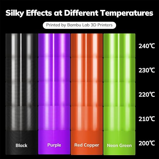 AMOLEN PLA 3D Printer Filament Silk PLA Filament 1.75mm Silk Filament Pack Black/Red Copper/Purple/Neon Green 3D Printing Filament Bundle for Holiday 3D Printing, 200gX 4 Spools - Image 3