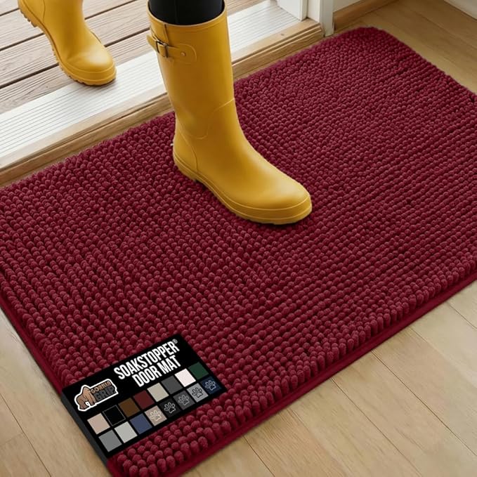 GORILLA GRIP SOAKSTOPPER Dog Door Mat, 36x24 Machine Washable Rug Absorbent Doormat Captures Moisture Mud Dirt, Quick Dry Soft Chenille Entryway Rugs Indoor Entrance Mats for Dog Paws, Burgundy by GorillaGrip