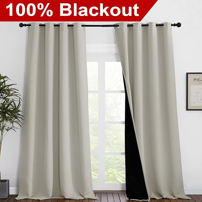 NICETOWN Full Shading Curtains 96 inches Long 2 Panels Set for Windows, Super Heavy-Duty Black Lined Blackout Curtains for Bedroom, Privacy Assured Window Treatment (Natural, Pack of 2, 55 inches W) - Image 2