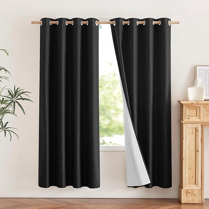 NICETOWN Vintage Open Linen Weave Flax Thermal Curtains, 100% Blackout Curtains 72 inches Long for Dining Room, Soundproof Window Treatment Drapes for Hall Room, Black, 52" Wide Per Panel, Set of 2 by NICETOWN