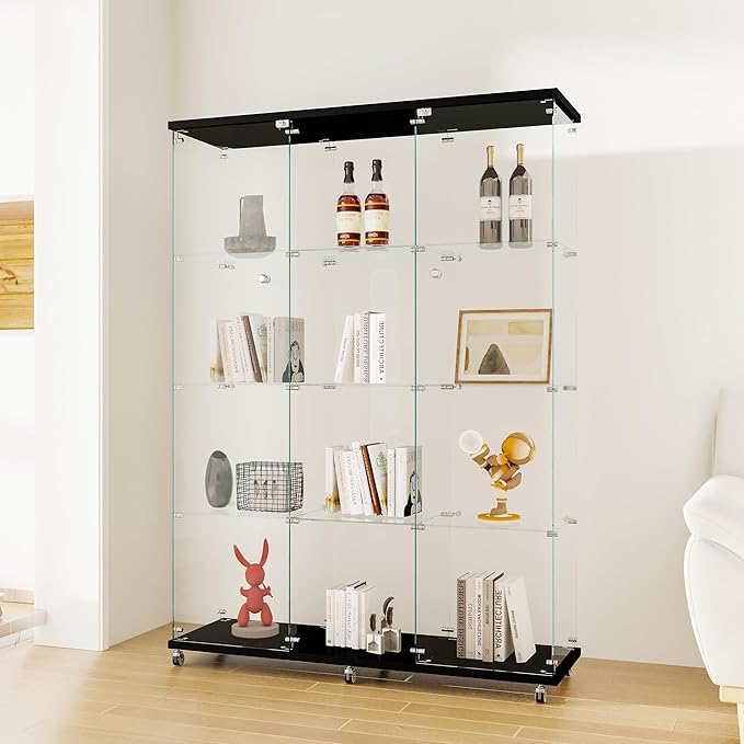Yoluckea 4 Shelves Glass Display Cabinet Extra Large, Curio Collection Glass Display Case for Home Office, Floor Standing Bookshelf Corner Cabinet for Book Toys Glory (Black) - Image 4