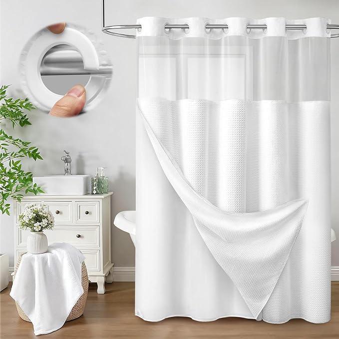 No Hook Shower Curtain and Liner Set,White Hotel Waffle Shower Curtain with Liner 75" L x 72" W by Unknown
