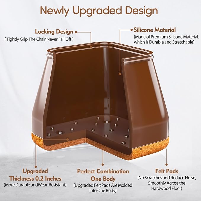 16Pcs Square Chair Leg Floor Protectors with Thickened Felt Pads Silicone Chair Leg Covers Caps to Protect Hardwood Tile Floors Furniture Feet Reduce Noise (Brown S Fit 0.87"-1.10") - Image 5