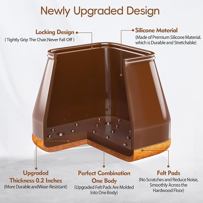 16Pcs Square Chair Leg Floor Protectors with Thickened Felt Pads Silicone Chair Leg Covers Caps to Protect Hardwood Tile Floors Furniture Feet Reduce Noise (Brown L Fit 1.14"-1.42") - Image 5