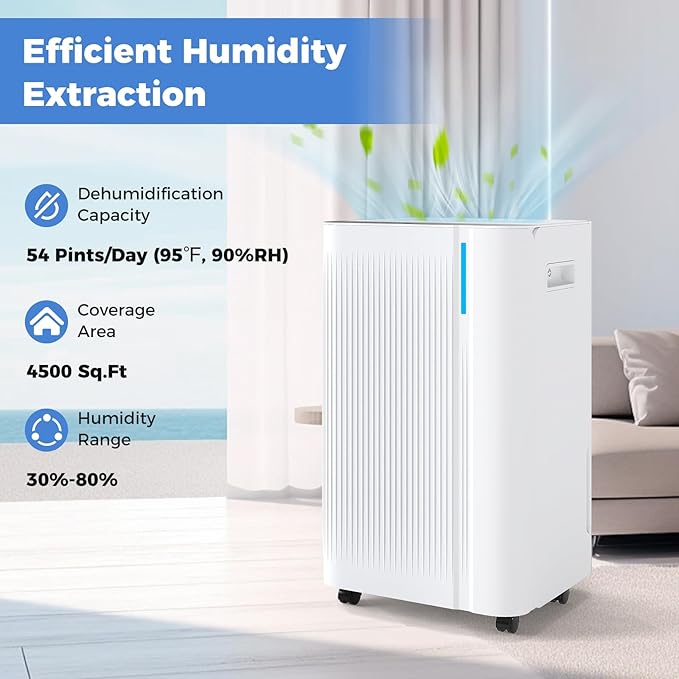 COSTWAY 54 Pints Dehumidifier for Basement, 4500 Sq.Ft Portable Dehumidifier with Drain Hose, 1.1 Gal Water Tank, 3 Modes, 24 H Timer, 3-Color Light, Auto Defrost, Memory, Child Lock - Image 6