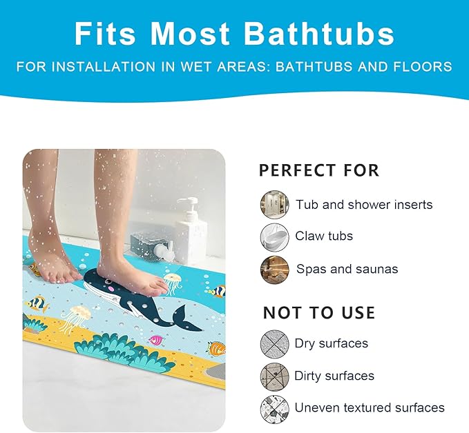 XIYUNTE Baby Bath Mat for Tub Non Slip Kids Bath Mat - 40''x16'' Extra Long Cartoon Bathtub Mat Non Slip Kids Shower Mat Eco-Friendly Toddler Bath Mats with Suction Cups, Machine Washable - Image 6