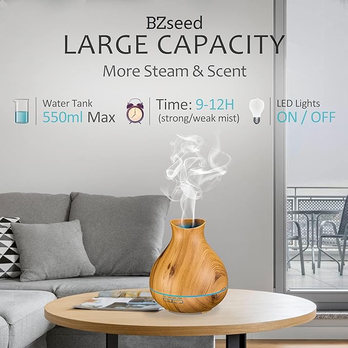 BZseed Aromatherapy Essential Oil Diffuser 550ml 12 Hours Wood Grain Aroma Diffuser with Timer Cool Mist Humidifier for Large Room, Home, Baby Bedroom, Waterless Auto Shut-off,7 Colors Lights Changing - Image 4