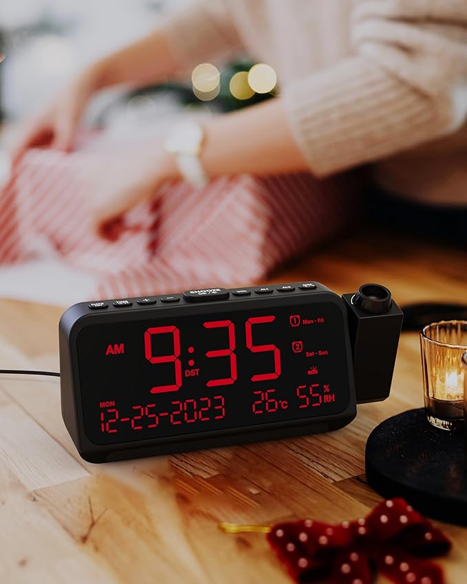 Roxicosly Projection Alarm Clock for Bedroom Ceiling, 118 dB Super Loud for Heavy Sleepers, 6.7" Large Digital Dimmable Display with Day Date Indoor Temp Humidity, Dual Alarms Adjustable Volume - Image 8