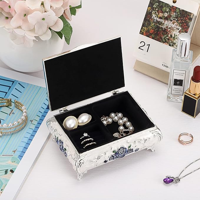 Hipiwe Metal Decorative Jewelry Box Vintage Treasure Chest Case Ornate Trinket Organizer Earrings Necklace Bracelet Storage Box Ring Holder Keepsake Box for Women - Image 3