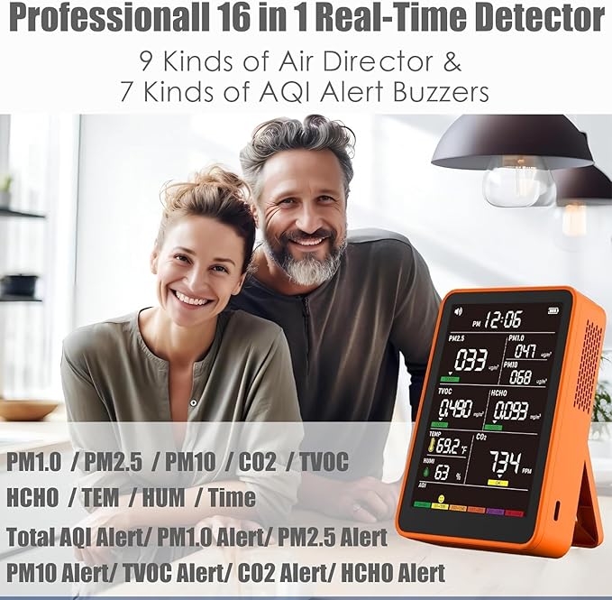 Professional Indoor Air Quality Monitor with AQI Beep Alarms, Portable Real-Time Detector for Home Cars Plants and Pets (Orange) - Image 2