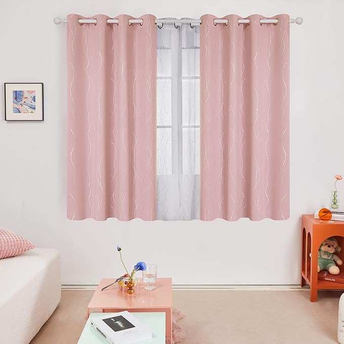 Deconovo Pink Curtains, Blackout Drapes, Thermal Insulated Soundproof Curtain, Silver Wave Dots Print, 52 x 45 Inch Long, Machine Washable Window Panels for Girls Bedroom Living Room Nursery, Set of 2 - Image 2