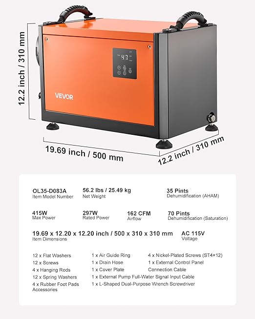 VEVOR 70 Pints Commercial Dehumidifier with Drain Hose, Portable Crawl Space Dehumidifiers for Basement Storage Room Industrial, Auto Defrost/Drainage, Heavy-duty Galvanized Steel, LED Indicate - Image 7