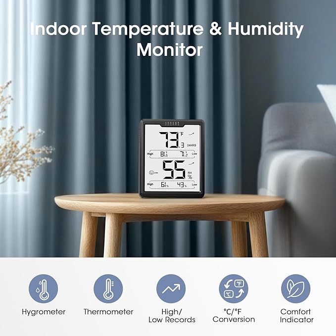 DOQAUS Upgraded Digital Hygrometer Room Thermometer Indoor, Humidity Meter with Large LCD Display, Temperature Humidity Monitor with Max Min Records, Black - Image 2