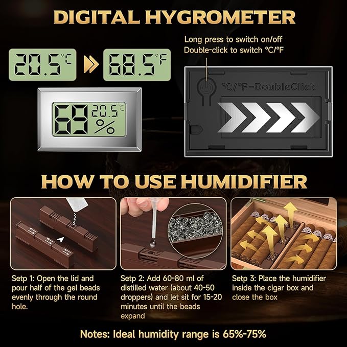 XIFEI Cigar Humidor Box, Cedar Wood Desktop Cigar Case with Digital Hygrometer, Humidifier, Divider, Accessories Drawer and Combination Lock, Glass Top Humidors Gift for Men (Brown) - Image 4