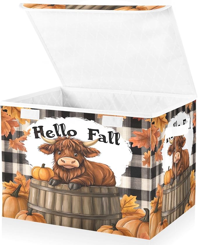 xigua Highland Cows Storage Bins with Lids and Carrying Handle,Foldable Storage Boxes Organizer Containers Baskets Cube with Cover for Home Bedroom Closet Office - Image 2