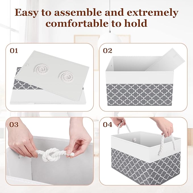 Storage Bin,Collapsible Storage Basket For Organizing,Large Storage Boxes With Rope Handles,Storage Containers,Clover Grey,4 Pack - Image 4