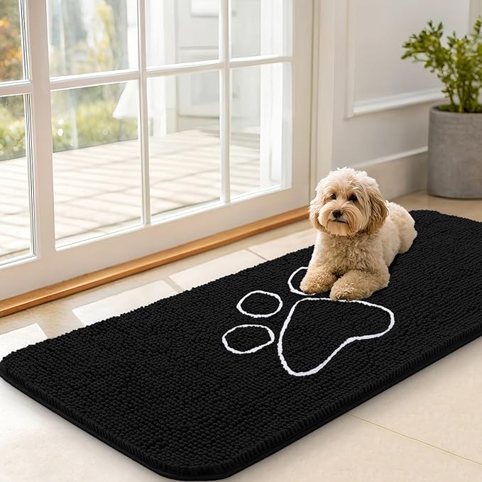 OLANLY Dog Door Mat for Muddy Paws 47x20, Paw Print Design, Absorbs Moisture and Dirt, Absorbent Non-Slip Washable Doormat, Quick Dry Chenille Mud Mat for Dogs, Entry Indoor Entryway Carpet, Black by OLANLY