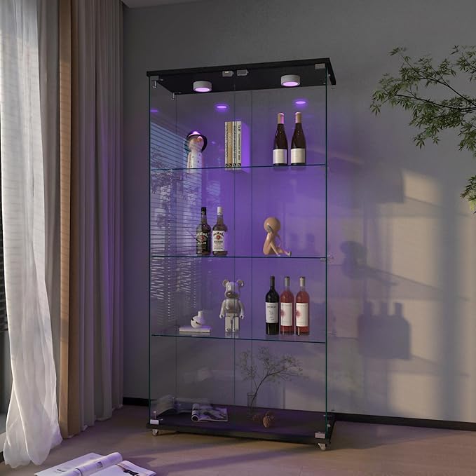 Yoluckea 4-Shelf Glass Display Cabinet with LED Lights, 2-Door Floor Standing Curio Cabinet with Universal Wheel for Home or Office, Black Glass Bookshelf for Collections, Decor, and Corner Display - Image 7