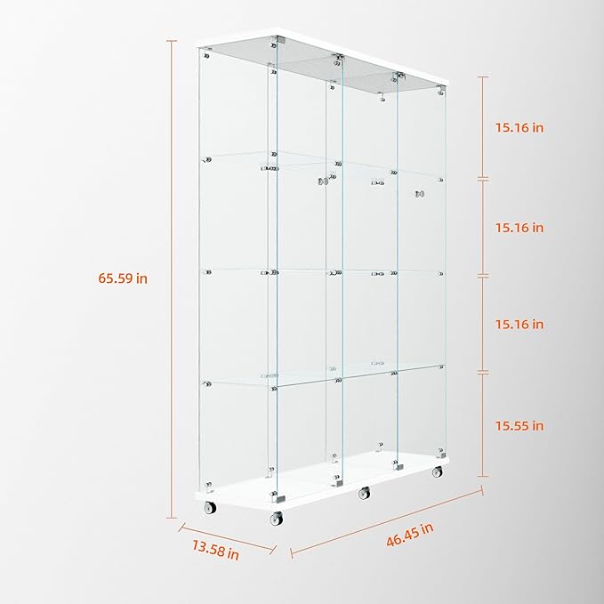 Yoluckea 4 Tiers Glass Display Cabinet Extra Large with Bluetooth LED Light Strip, 2 Doors Floor Standing Curio Cabinet with Universal Wheel for Home, White Glass Bookshelf for Collections, Wood Top - Image 2