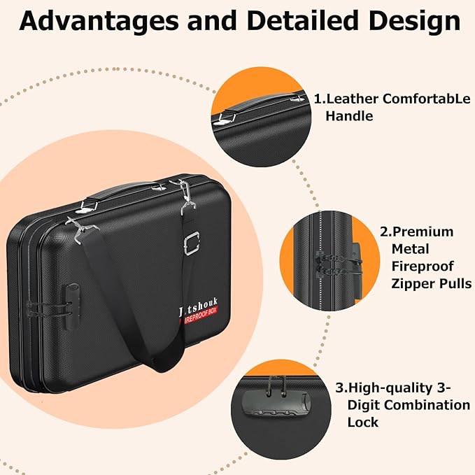 Fireproof Document Box with Lock & Shoulder Strap - Waterproof Hard-Shell File Organizer with Pocket Accordion File Folder, Portable Fireproof Box Safe Storage for Important Documents, Laptop - Image 4