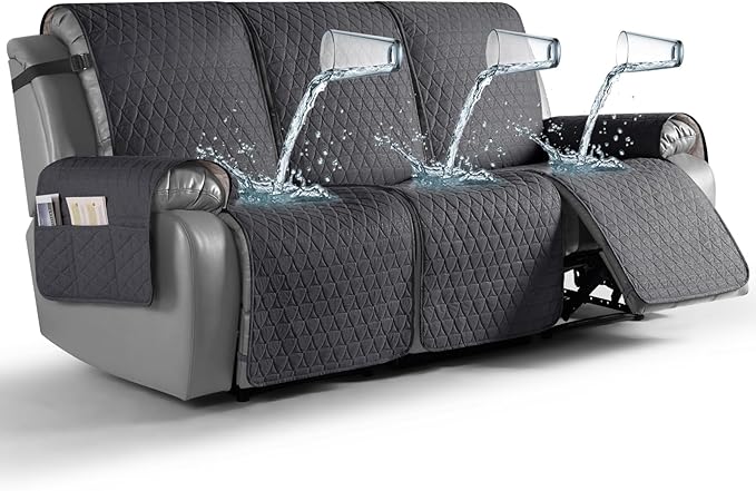 TAOCOCO 100% Waterproof Recliner Cover, Non-Slip Washable Reclining Couch Cover with Elastic Leg Straps, Furniture Protector for Dogs (Black Gray, 3 Seater) by TAOCOCO