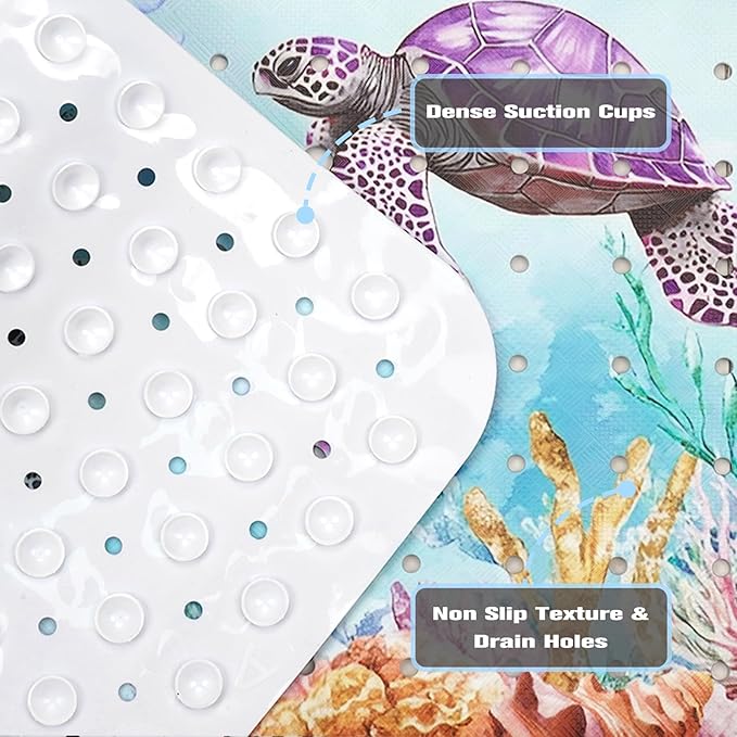 Ocean Animals Bathtub Mat Non Slip, Sea Turtle Baby Bath Mat for Tub Rubber Tub Mat, Cute Toddler Kids Bath Mats for Bathroom Anti Slip Shower Mat with Suction and Drain Holes Machine Washable,40″x16″ - Image 4